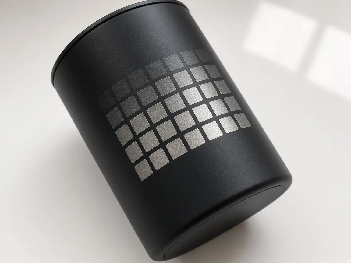 Black powder-coated tumbler with a laser engraved test grid of squares