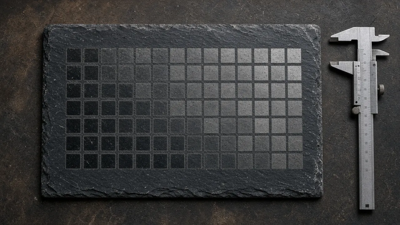 Grid of laser test squares on a slate tile
