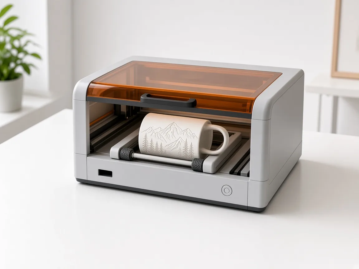 White ceramic mug on a rotary attachment being laser engraved