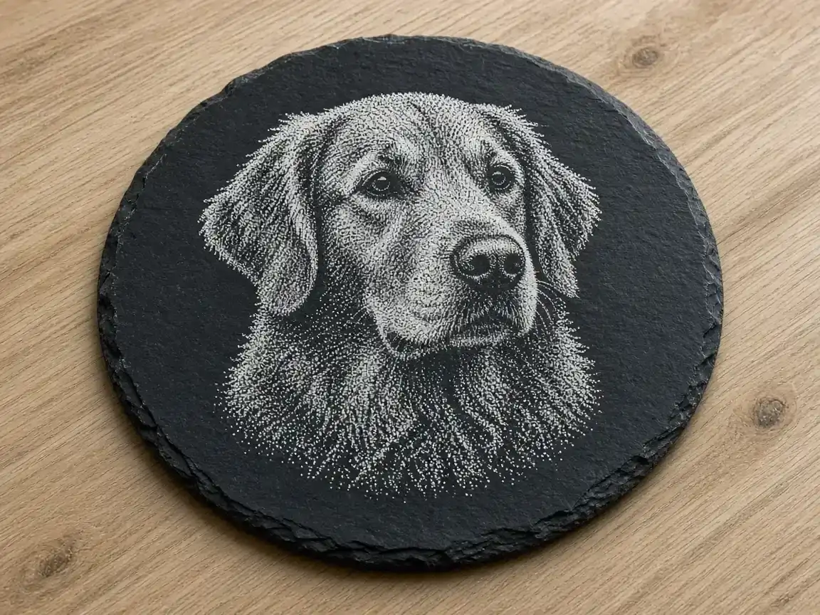 Dithered dog portrait engraved on a black slate coaster