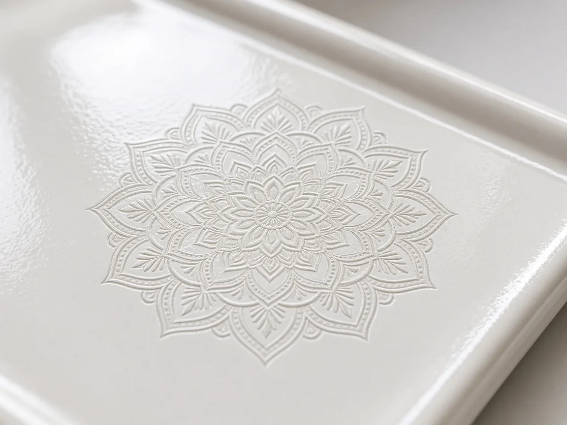 Glossy white ceramic tile with a frosted UV laser engraved mandala