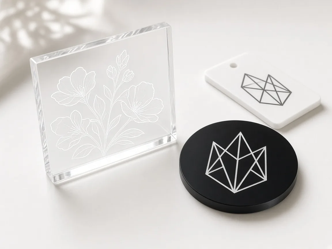 Clear, black and white acrylic pieces with UV laser engraved designs