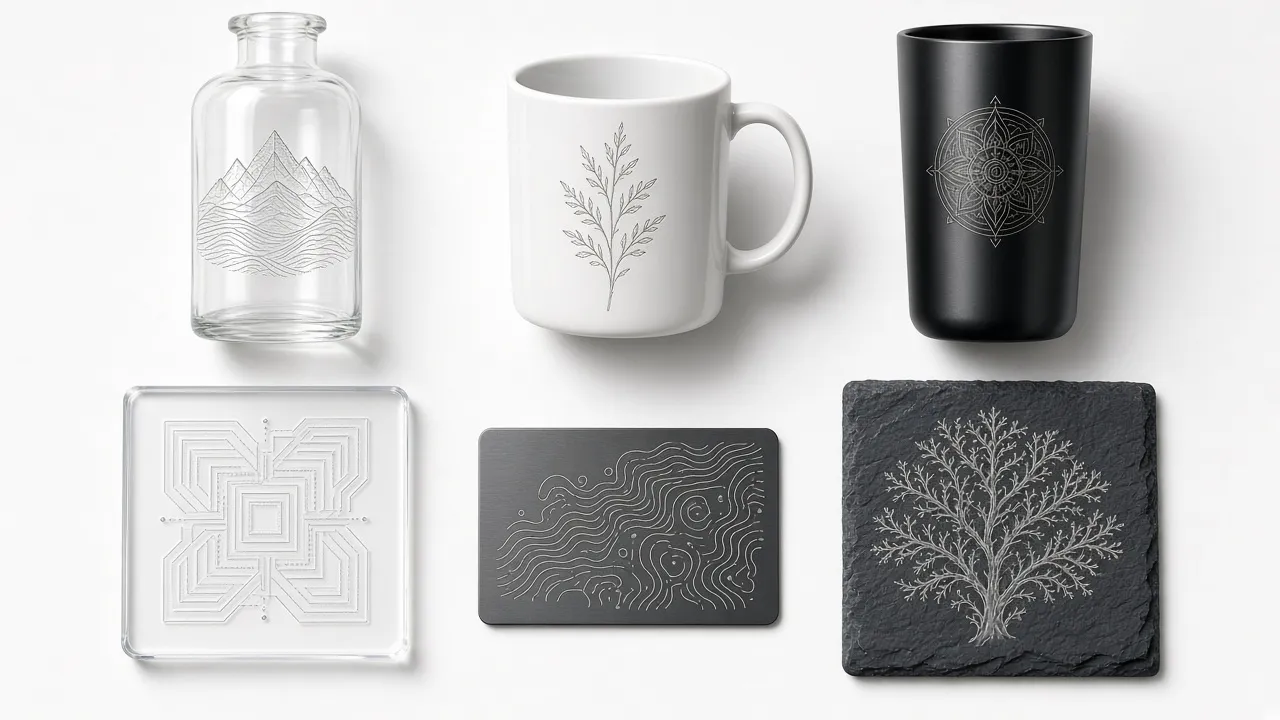 UV laser engraved glass, ceramic mug, tumbler, acrylic, metal card and slate