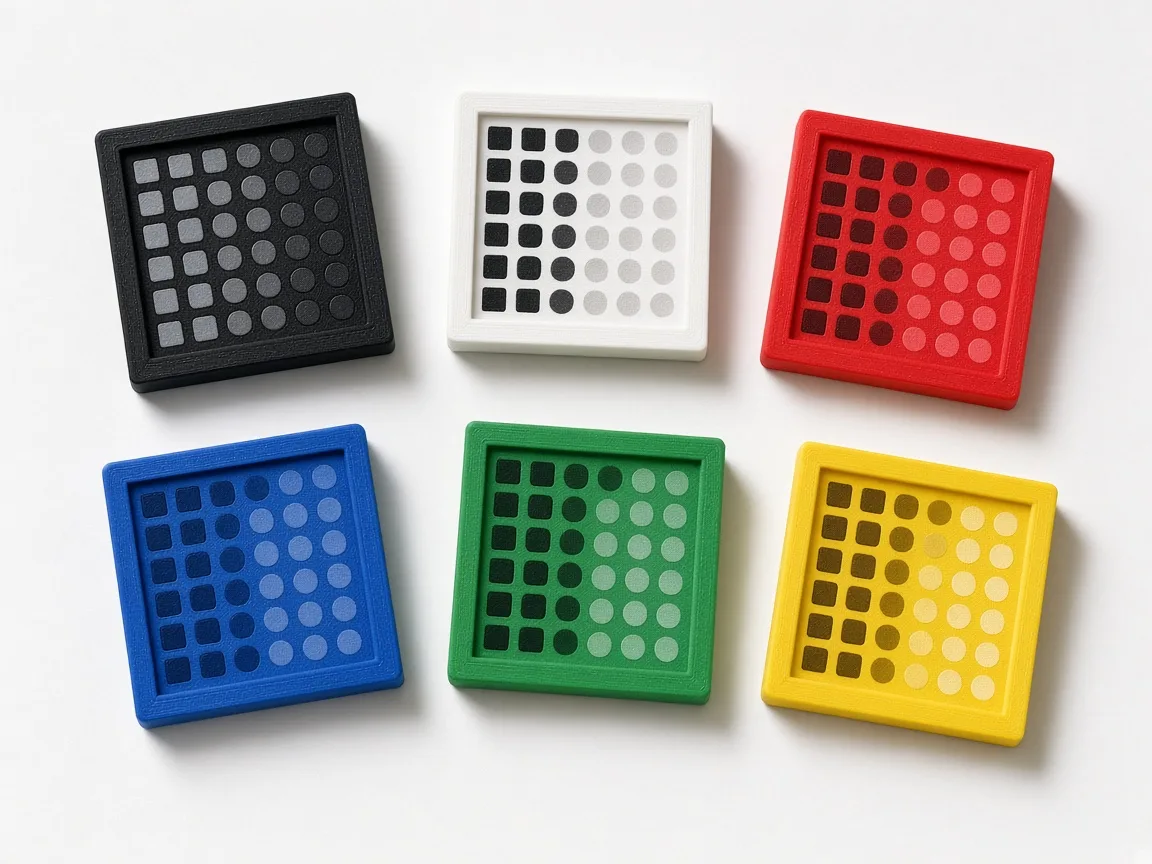 3D printed PLA test cards in six colours with UV laser engraved test patterns