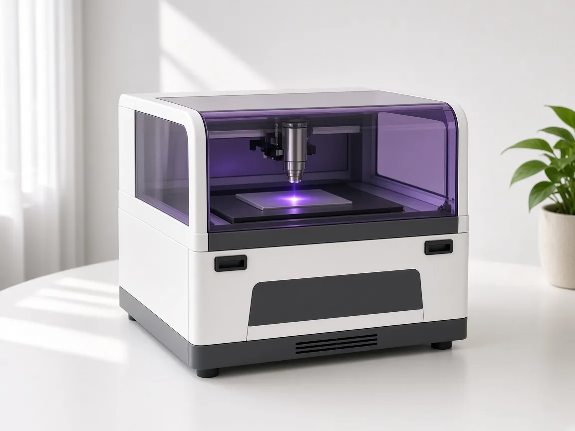 Desktop UV laser engraver with violet safety lid engraving a tile