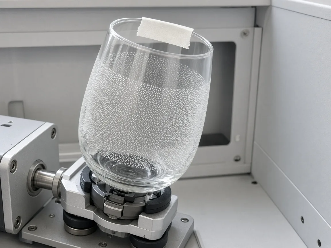 Clear drinking glass in a rotary chuck with masking tape on top for focusing
