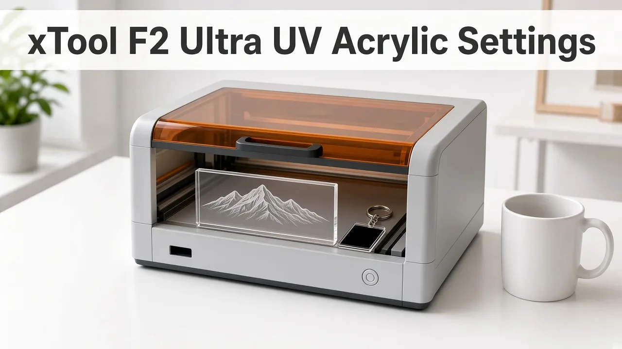 Desktop UV laser engraver with a frosted engraved clear acrylic block and the title xTool F2 Ultra UV Acrylic Settings