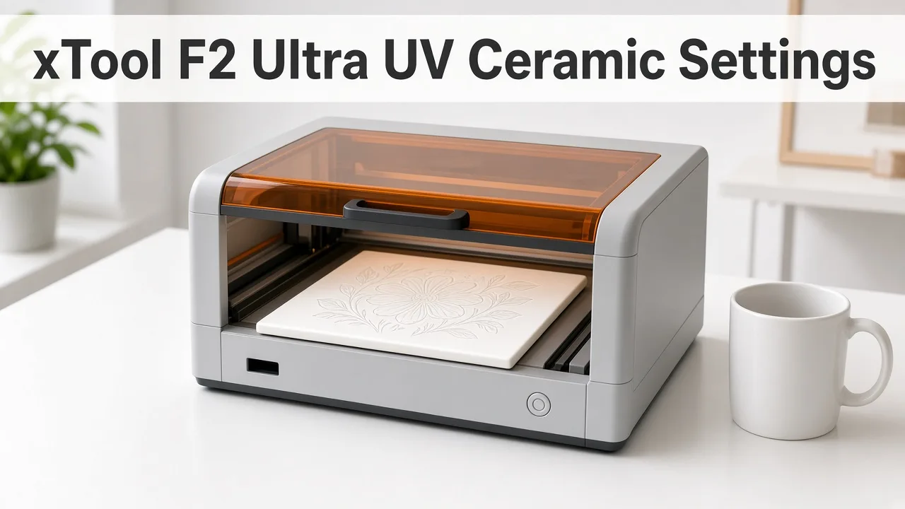 Desktop UV laser engraver with an engraved white ceramic tile and the title xTool F2 Ultra UV Ceramic Settings