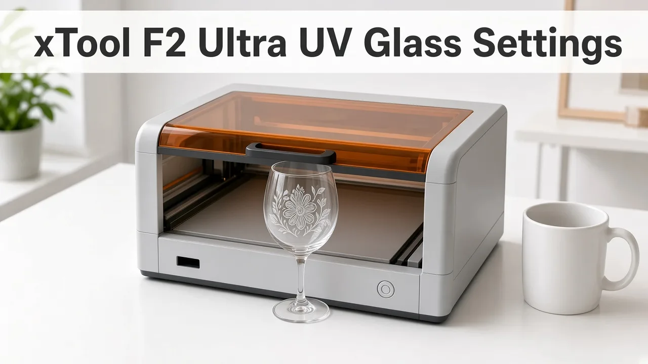 Desktop UV laser engraver with a frosted engraved wine glass and the title xTool F2 Ultra UV Glass Settings