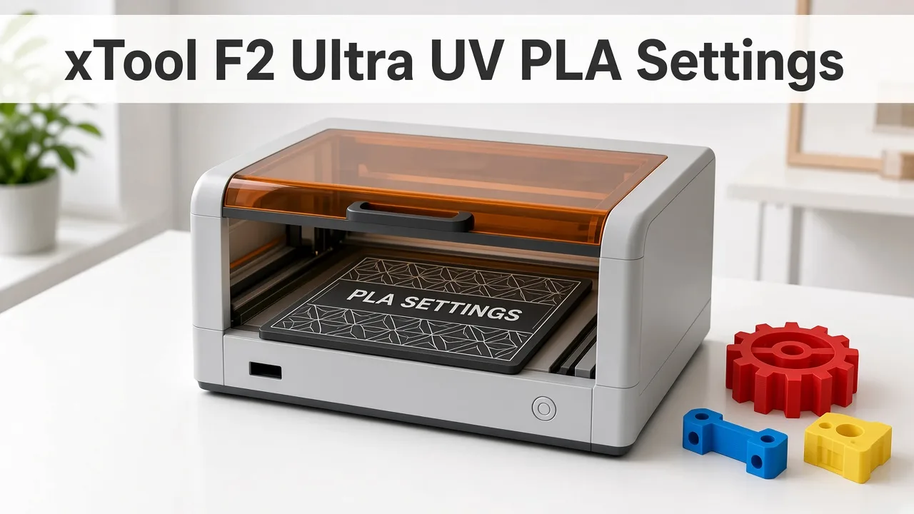 Desktop UV laser engraver with an engraved black 3D printed PLA plate and the title xTool F2 Ultra UV PLA Settings