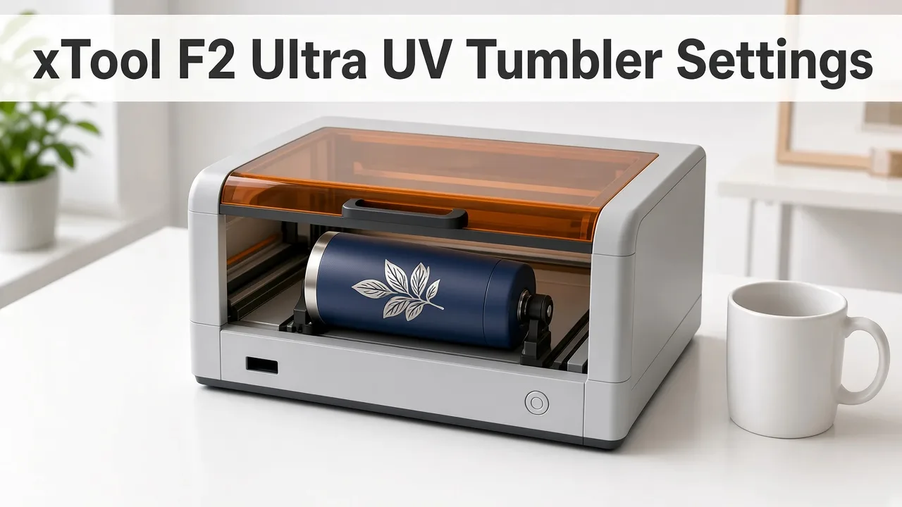 Desktop UV laser engraver with a navy powder-coated tumbler on a rotary and the title xTool F2 Ultra UV Tumbler Settings